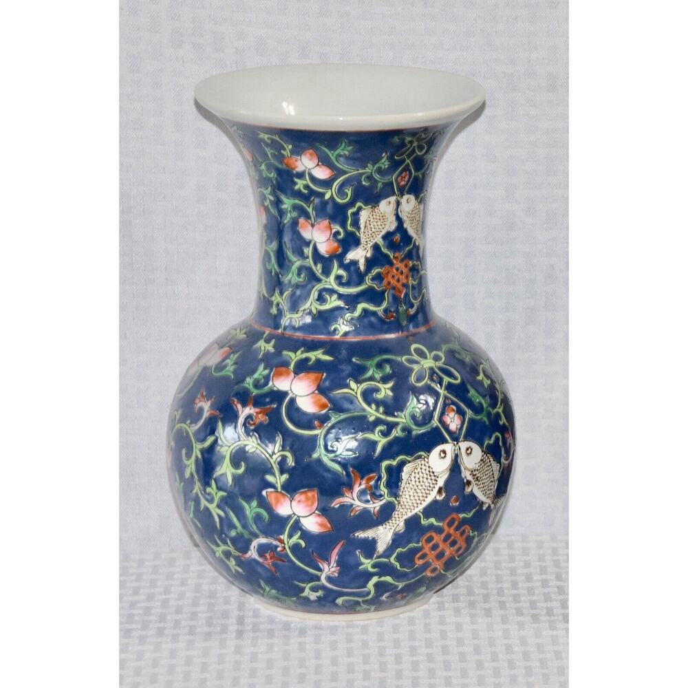 Japanese Enamelled Ceramic Hand Painted Peaches and Fish Trumpet Vase - Picture 5 of 7
